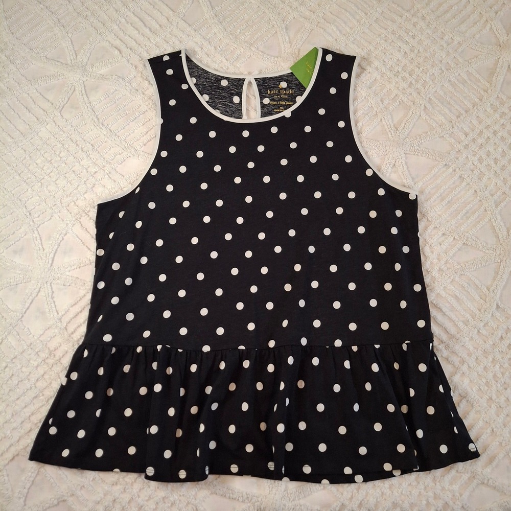 Kate Spade Womens XL Sleeveless Peplum Top Black White Polka Dot Tank NWT